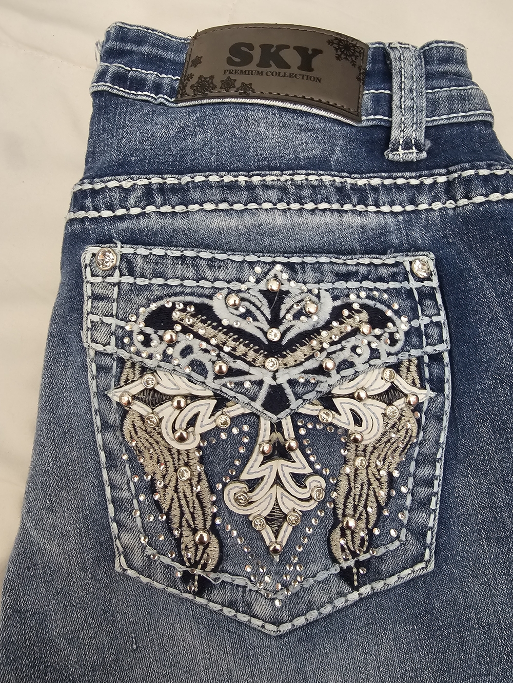 SKY Embellished Blue Women's Jeans Bell Leg. Size 11/12
